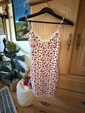 White Cherry-Print Mini Slip Dress